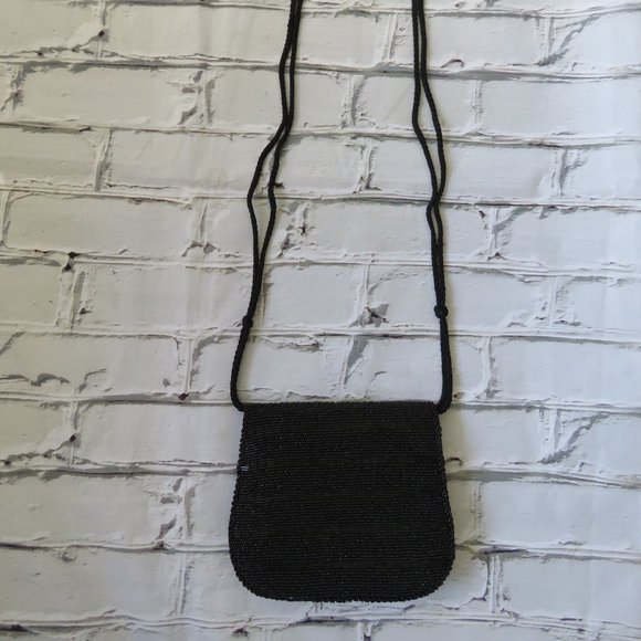 Vintage 1990s Black Beaded Small Purse With Long Handle - Picture 2 of 5